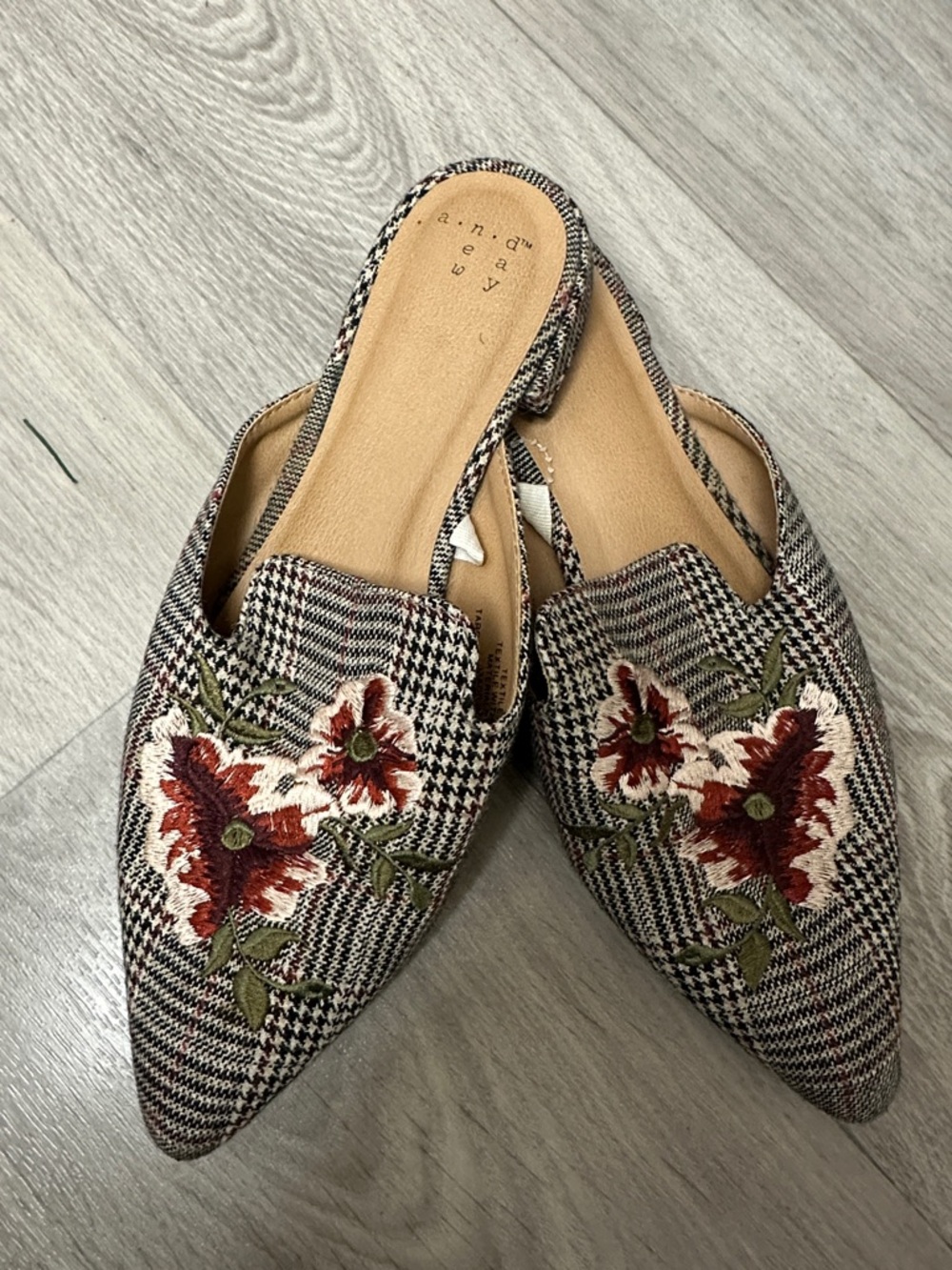 a new day Plaid Pointed-Toe Mules with Red Floral Embroidery